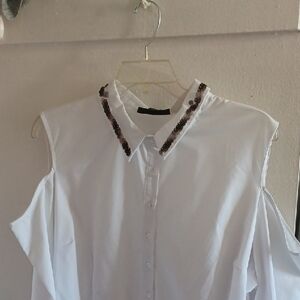 Ashley Stewart White Cold Shoulder Button Down Shirt with Sequin Collar